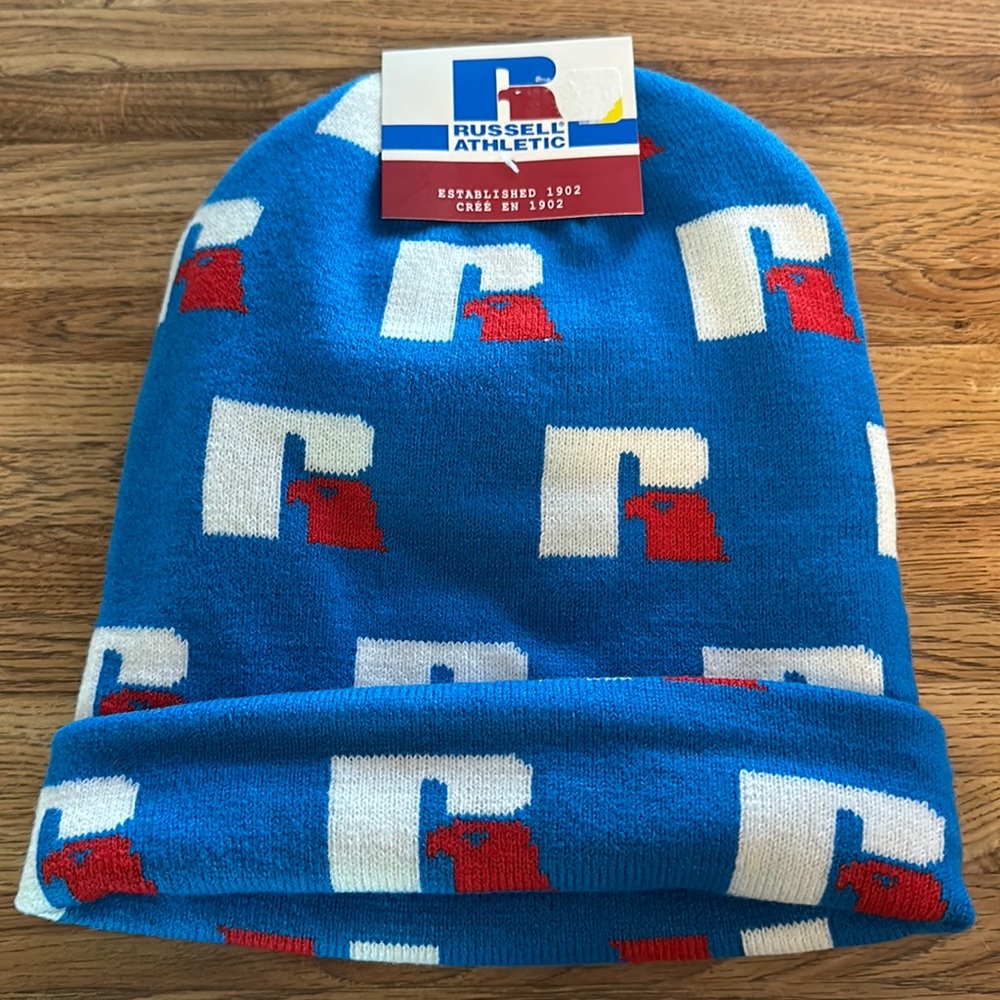 RUSSELL ATHLETIC MENS 2 PACK BEANIE HATS: LOGO PRINT/BLUE: NWT